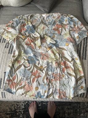 LC Lauren Conrad Floral Tie-Neck Blouse in White, Blue, Peach, Green